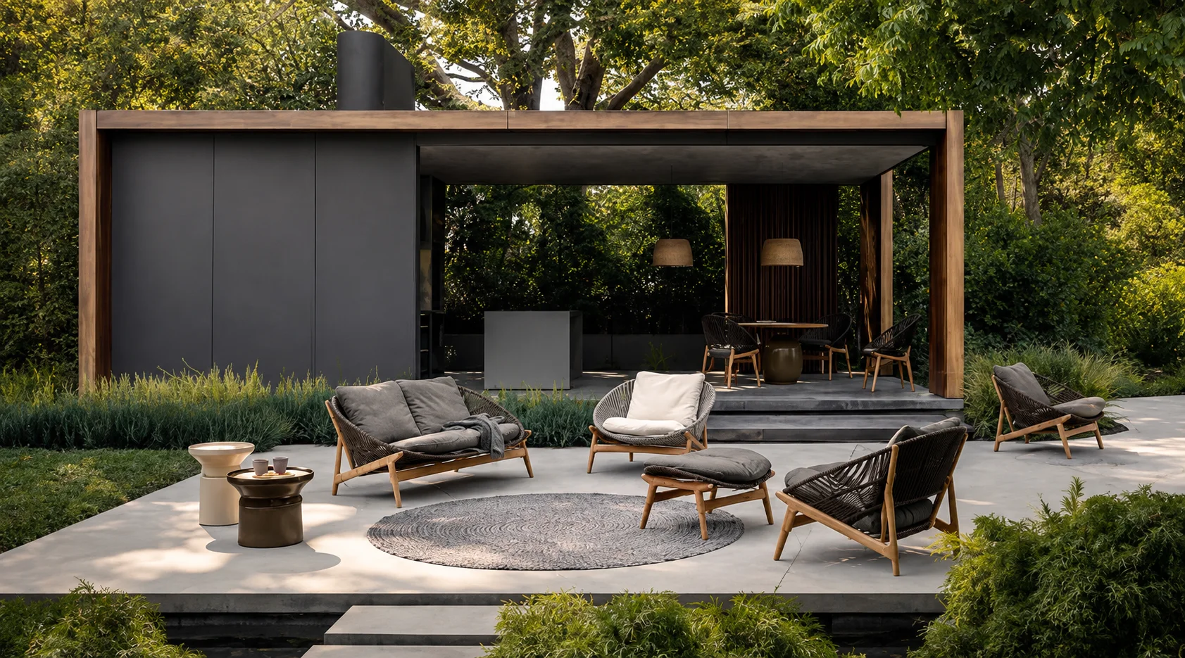 Gloster lounge furniture under a garden pavilion